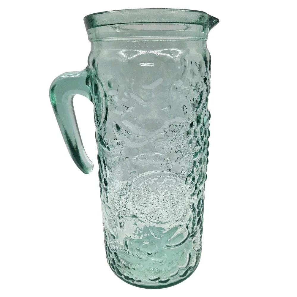 Vetreria Etrusca Italy Green Glass‎ Pitcher Embossed Fruit Grapes Citrus Relief
